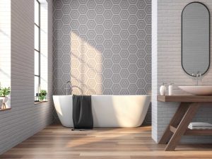Bathroom tile in current countertop design trends.