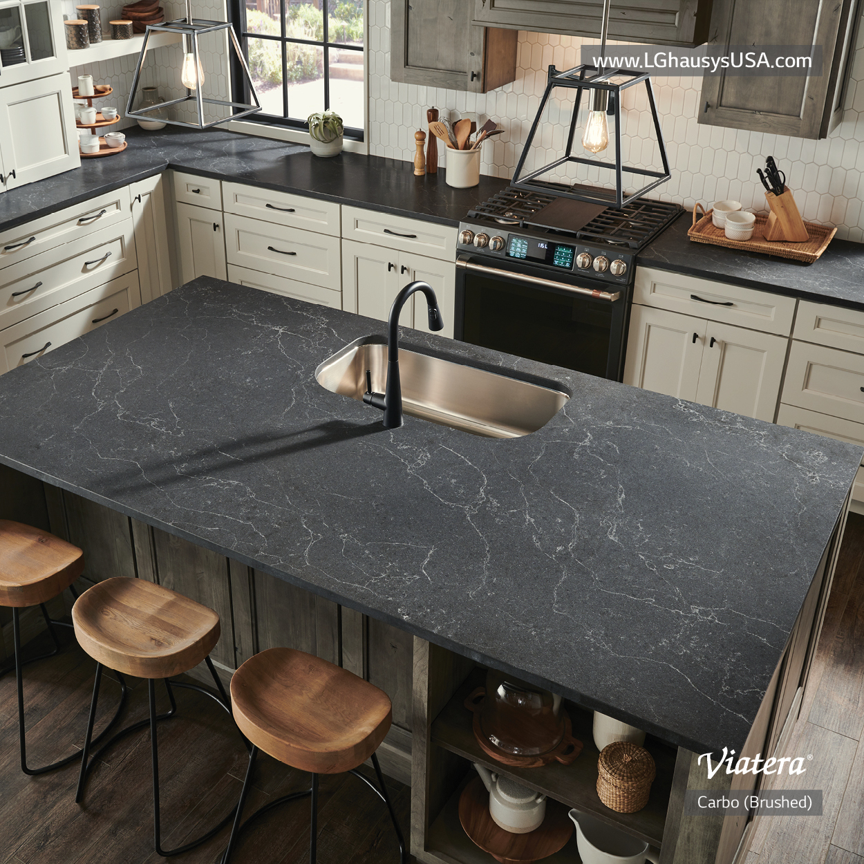 Matte Quartz Countertops in Viatera Carbo Brushed