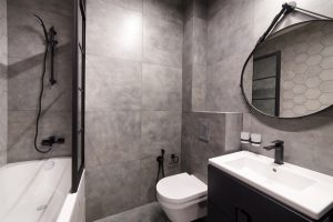 Modern Bathroom interior with stone wall.