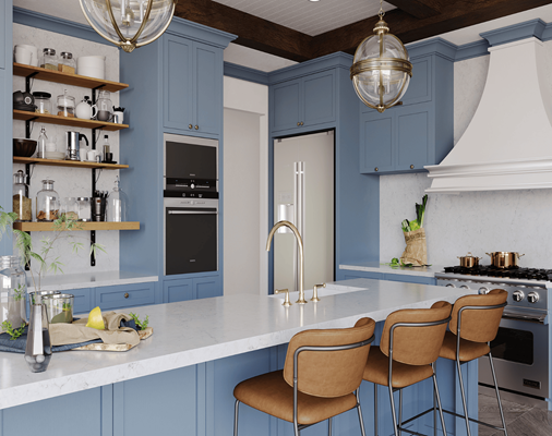 Marble kitchen island with brass fixtures and blue cabinetry design inspiration