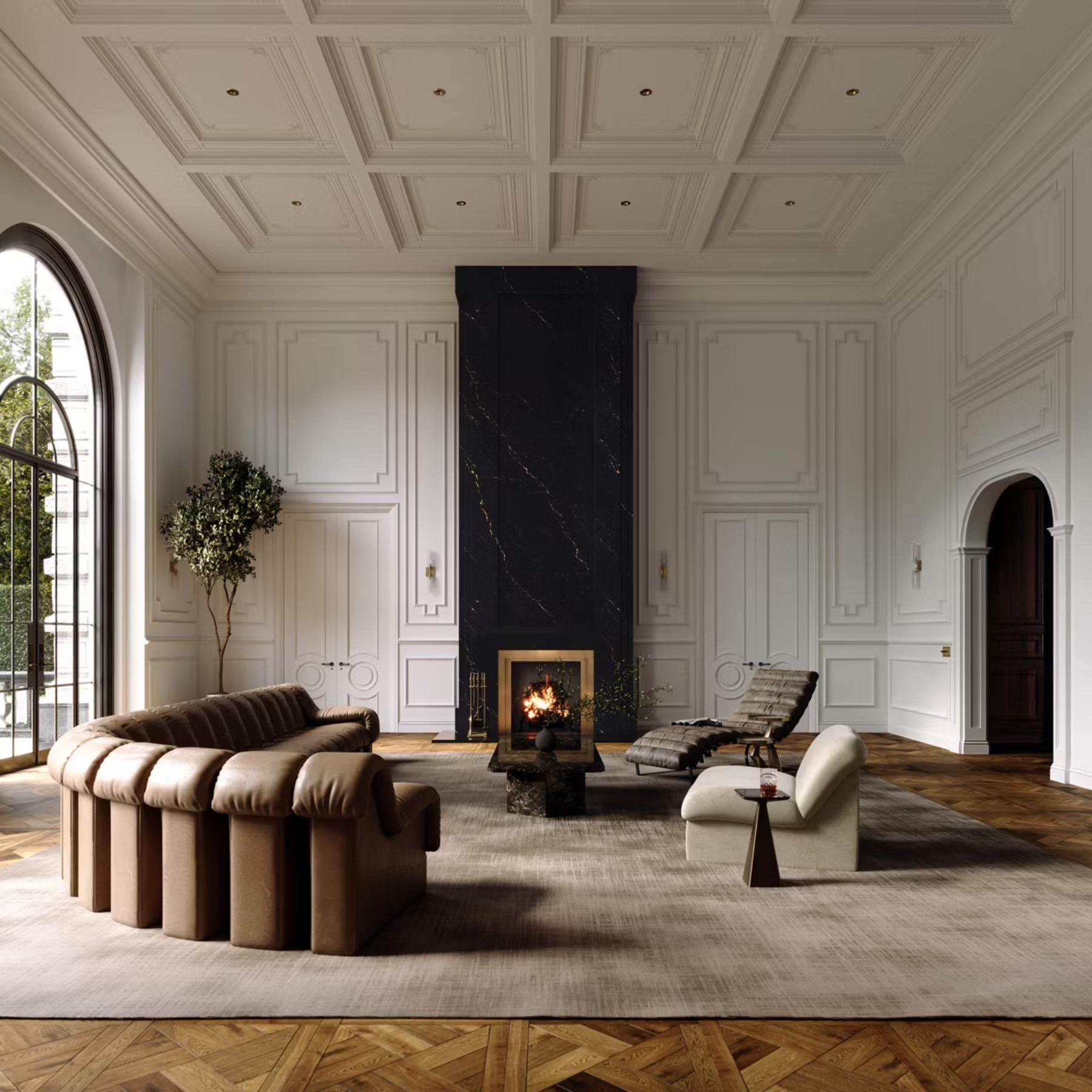 Quartz fireplace surround installation in Easton stylish living room remodel